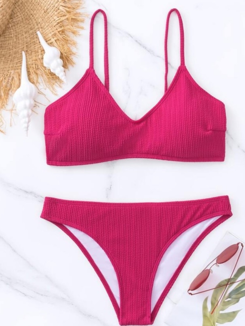 Ribbed Pink V-Neck Bikini Set — Women's Two-Piece Swimwear